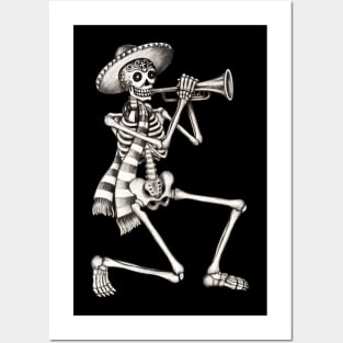 Sugar skull playing trumpet celebration day of the dead. Posters and Art